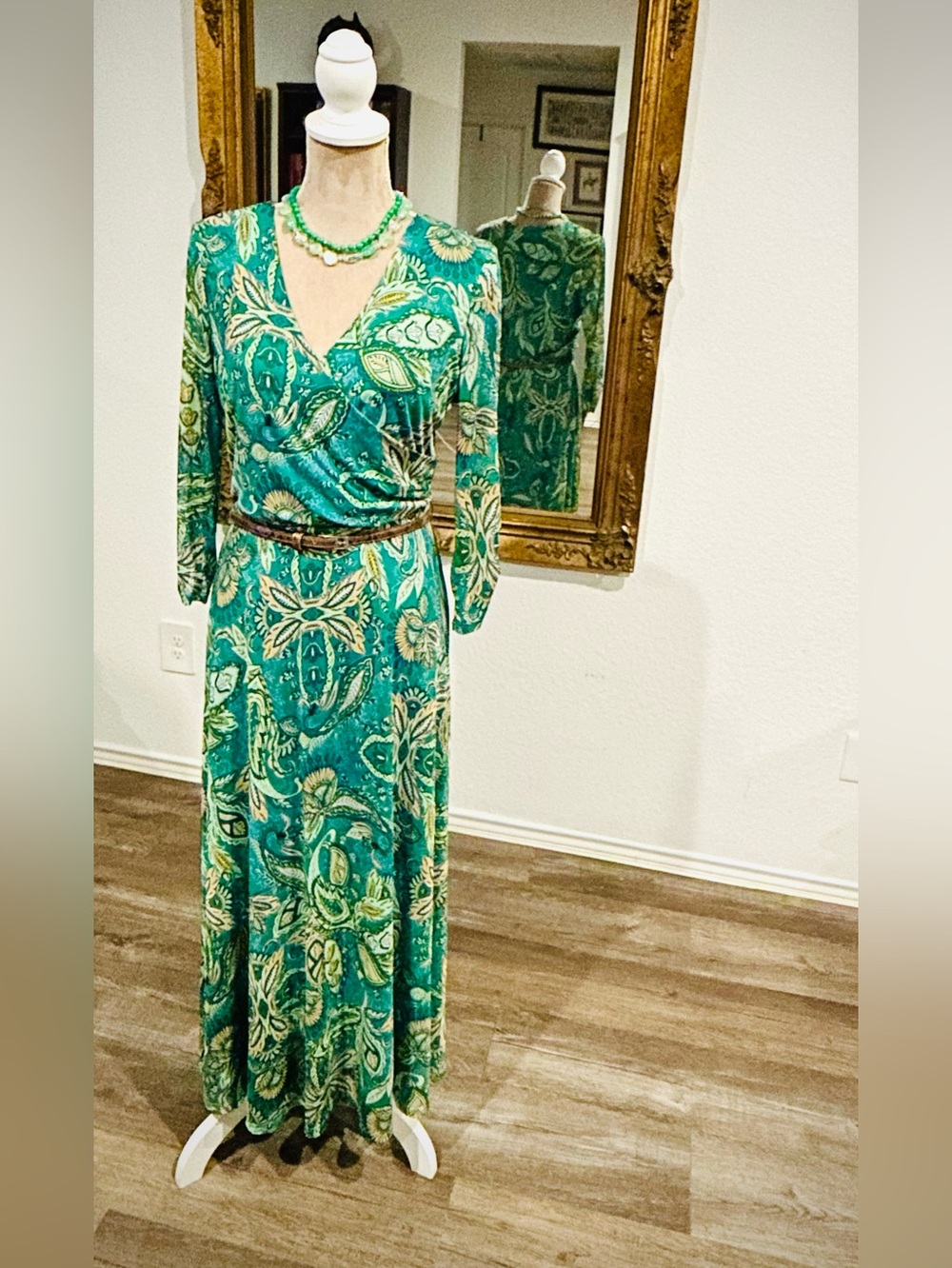 Harlow & Rose Maxi Dress Long Sleeve Green Floral Fairy Boho size large